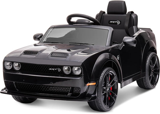 Kids Electric Car, Dodge Challenger Ride on Car, 12V7Ah Battery Powered Electric Vehicle, Kids SRT Hellcat 4-Wheels Ride on Toys with Remote Control, 3 Speeds, LED Headlights, Music Player