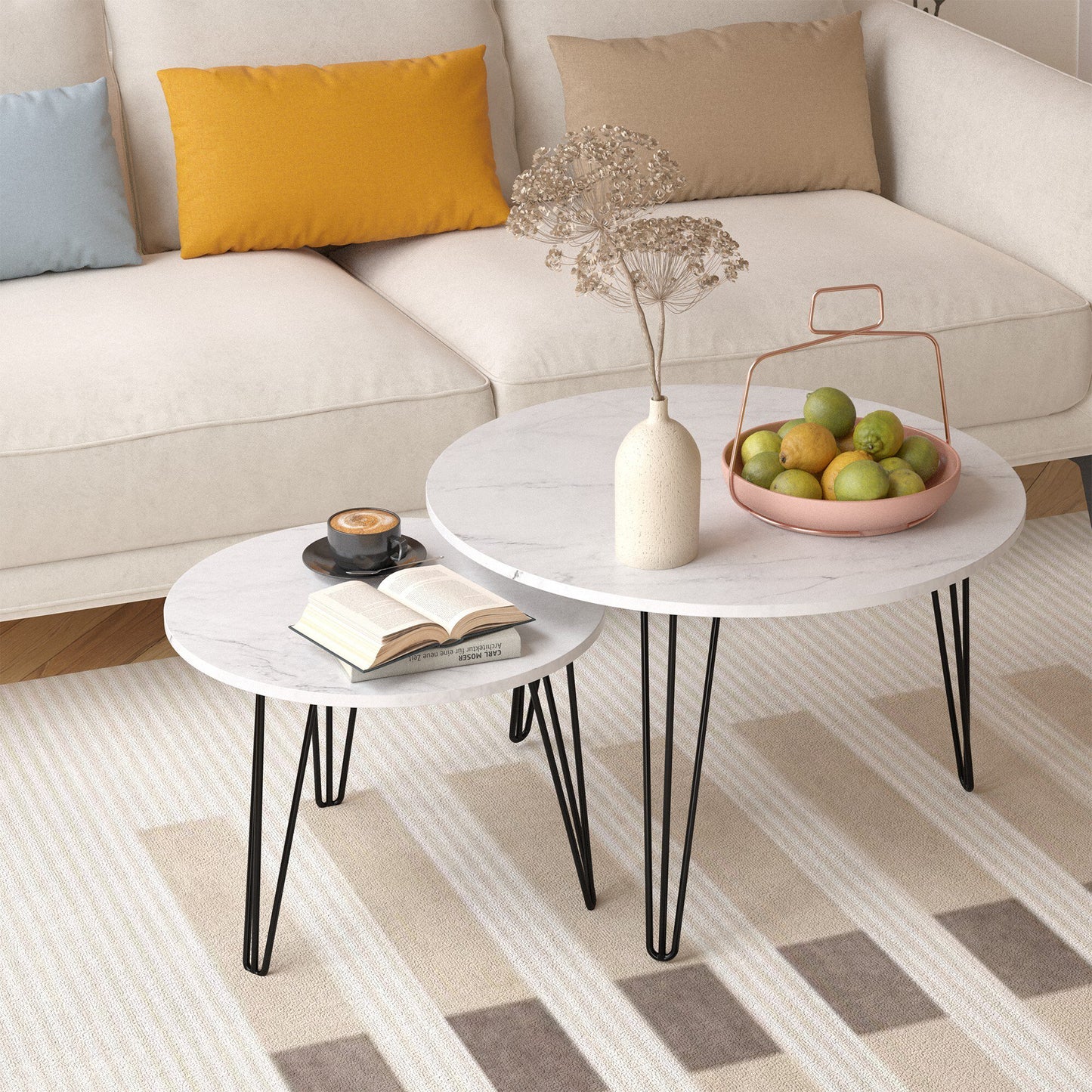 27.56'' Coffee Table Sets 2 Pieces, Wood Round Nesting Coffee Table Set, Modern Coffee and End Table Set with Sturdy Metal Base, Center Cocktail Table Sofa Side Tables for Living room
