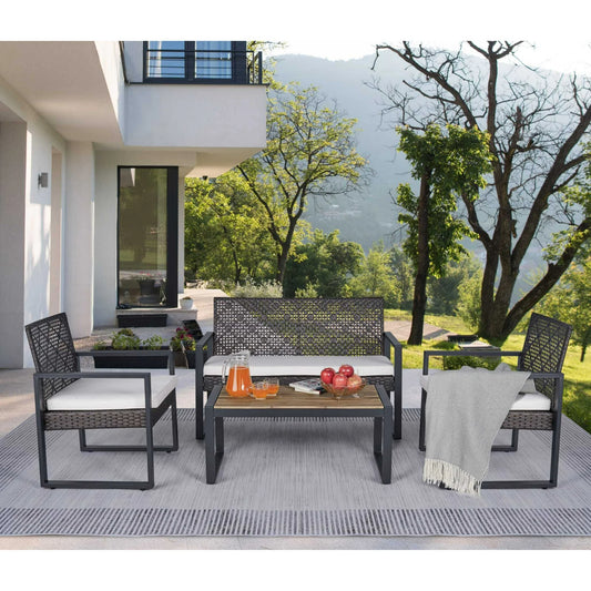 Outdoor Patio Furniture Sets, Wicker Rattan Patio Table and Chairs Set of 4, Patio Conversation Sofa Sets with Cushions and Coffee Table for Balcony Porch Backyard Lawn, Dark Brown
