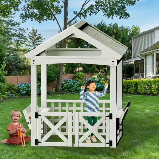 Outdoor Wooden Playhouse with bench and door