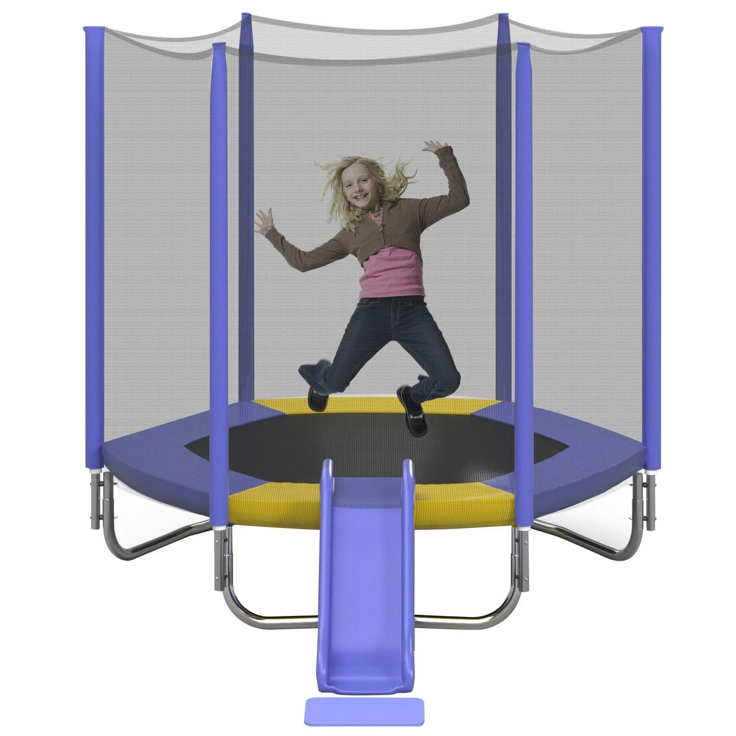 7FT Trampoline with Safety High Enclosure Net and Steel Frame, 220LBS Weight Capacity, Recreational Trampolines with Slide and Ladder, Fitness Trampoline with Soft Pad for Kids Indoor Outdoor, Blue