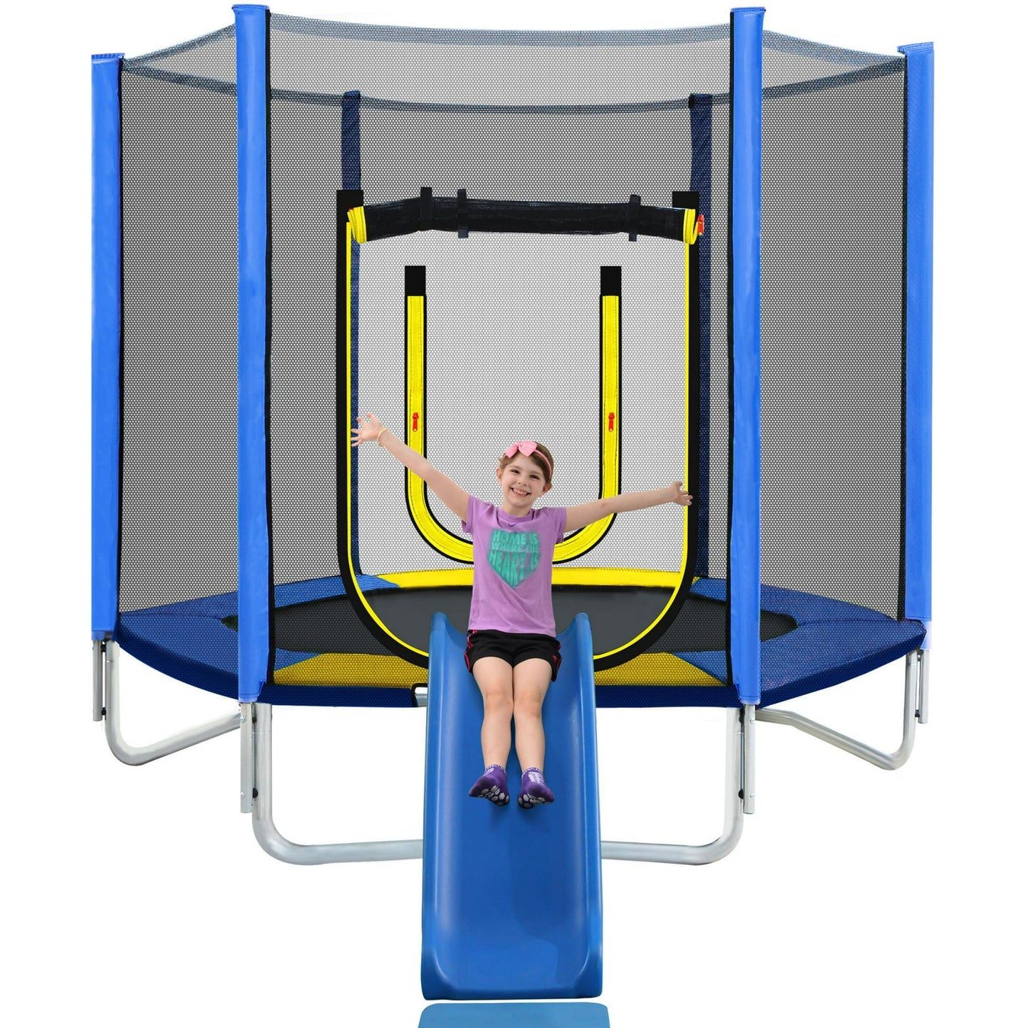 7FT Trampoline with Safety High Enclosure Net and Steel Frame, 220LBS Weight Capacity, Recreational Trampolines with Slide and Ladder, Fitness Trampoline with Soft Pad for Kids Indoor Outdoor, Blue