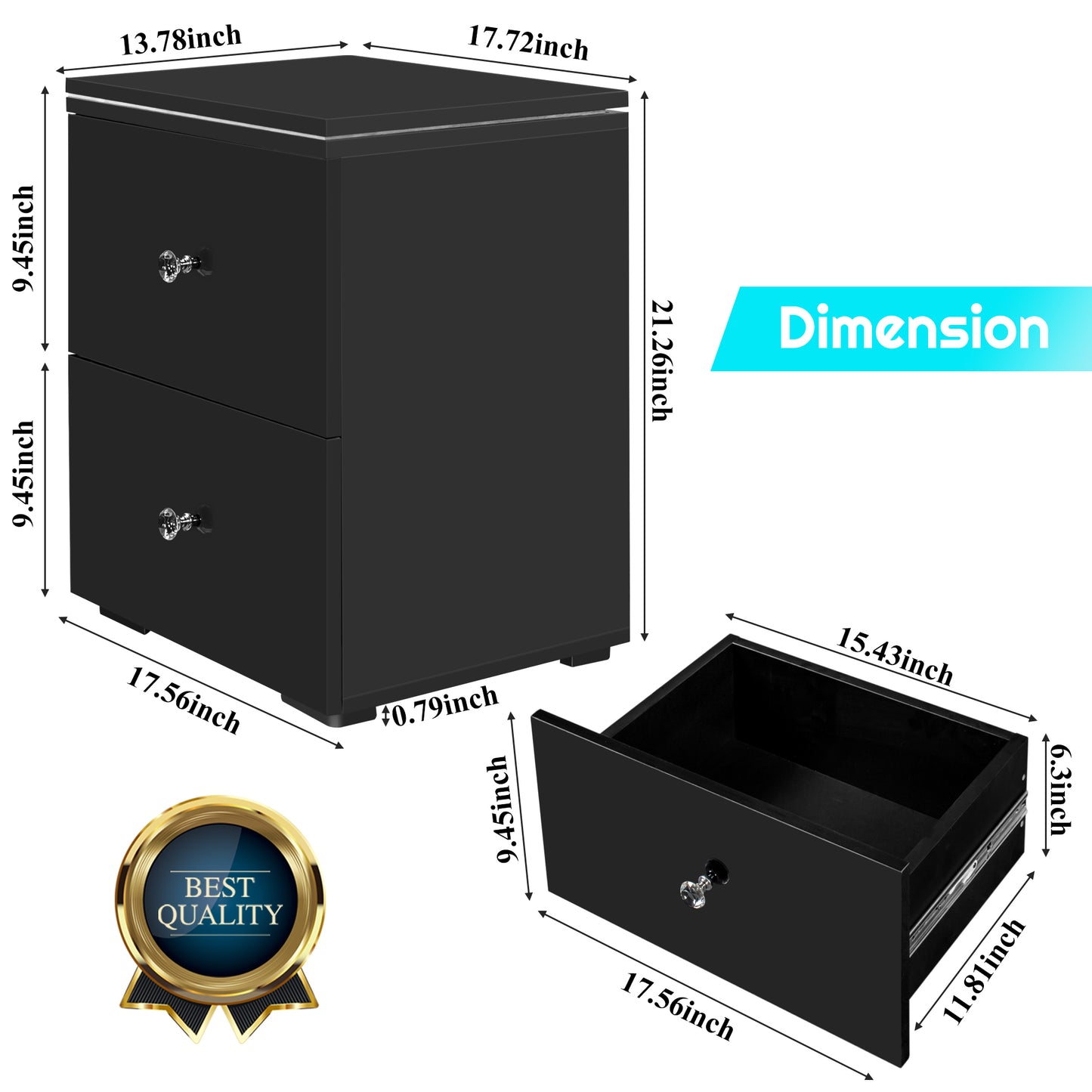 2 Set of Nightstands for Living Room, CASEMIOL Bedside End Table with LED Lights, Storage Side Table with 2 Drawers, High Gloss Wooden Sofa Side Table for Modern Bedroom, Black
