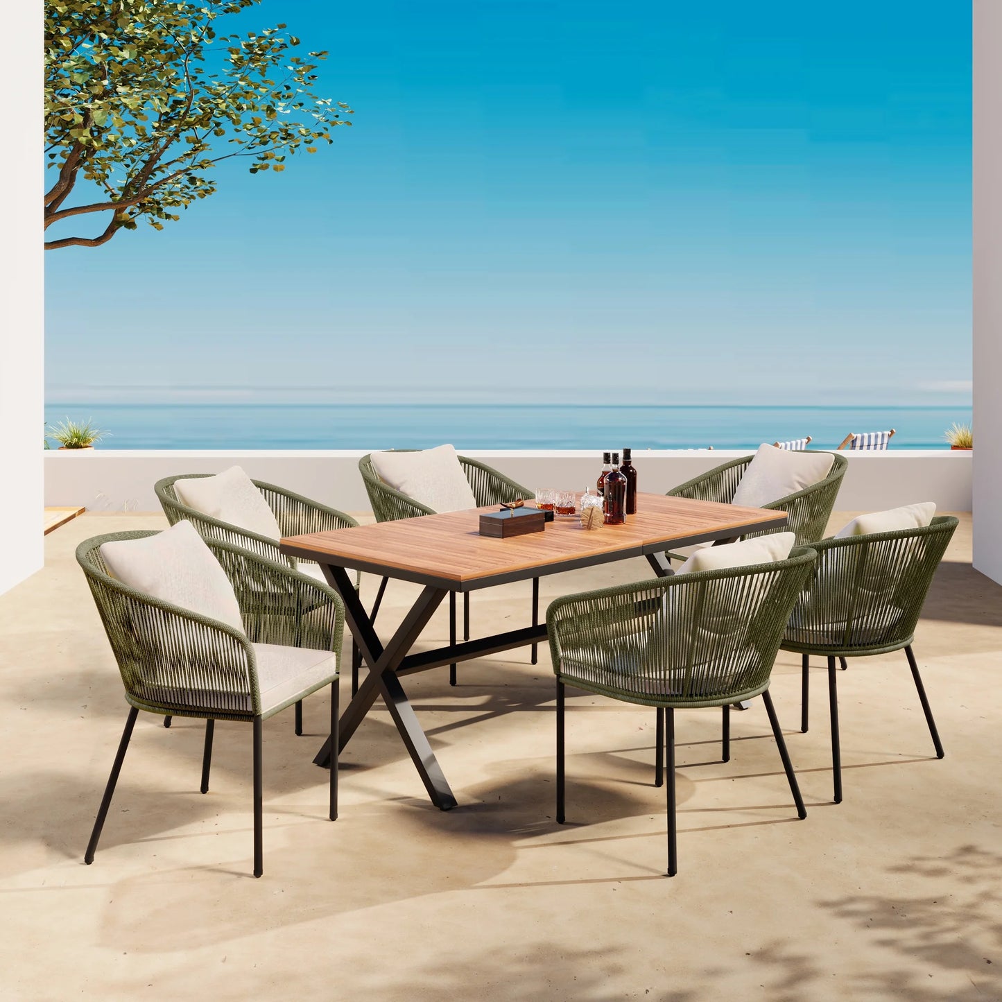 Outdoor Patio Furniture Sets 7 Pieces with Metal Frames, Outdoor Rattan Sectional Dining Patio Table and Chairs Set with Cushion, Patio Conversation Set All Weather for Backyard Porch Balcony, Beige