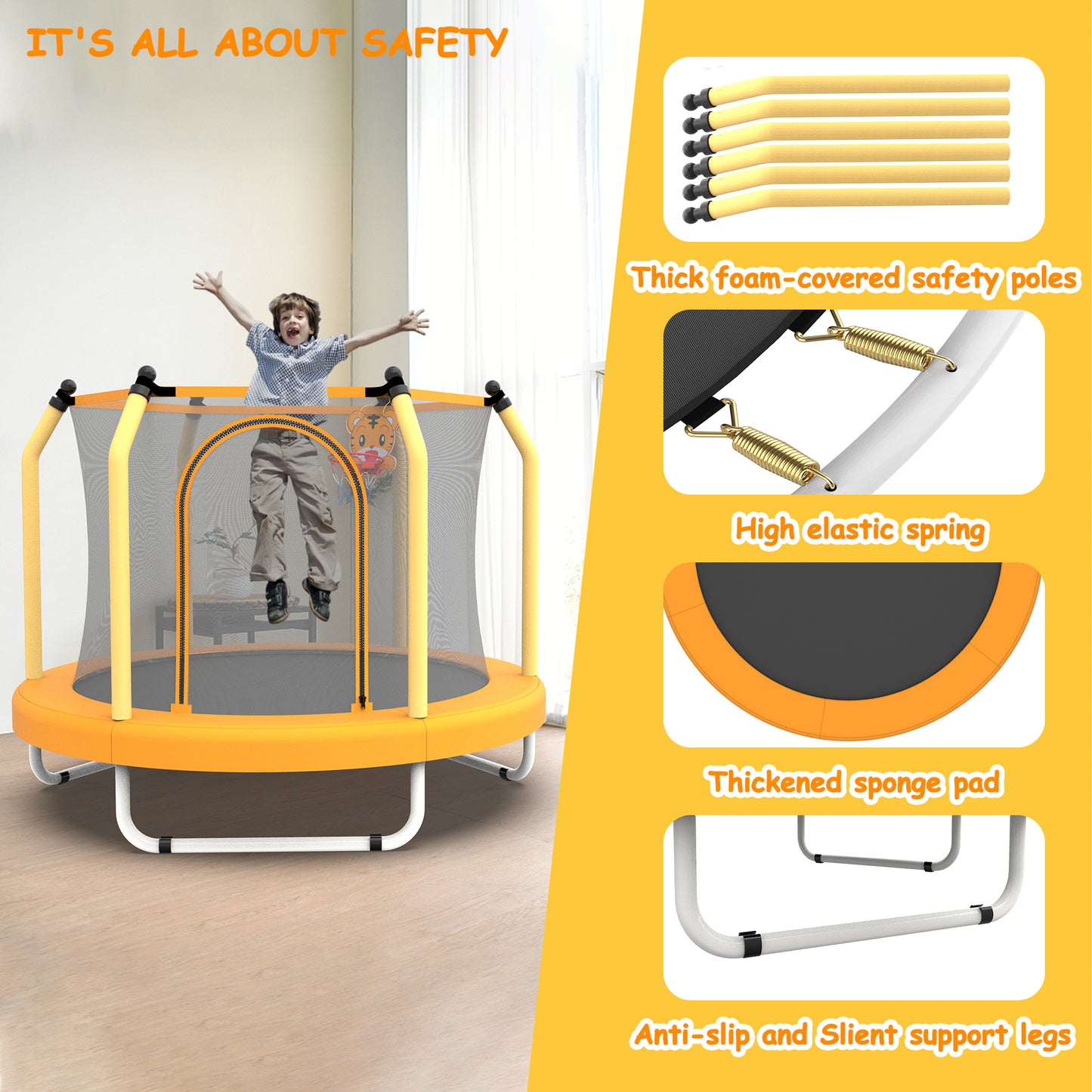 55" Toddler Trampoline with Safety Enclosure Net, Trampoline Indoor & Outdoor, Mini Trampoline for kids 1-8 with Basketball Hoop, Ball and Thick Foam Protection, Birthday Gifts for Boys&Girls