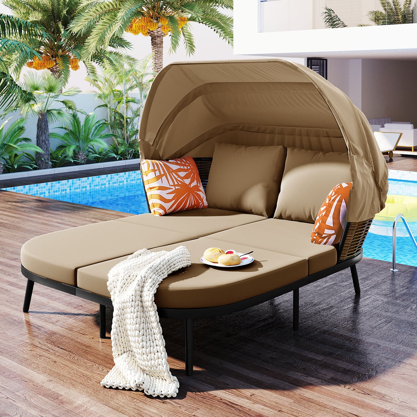 Outdoor Patio Daybed with Retractable Canopy,  Sunbed Patio Bed Lounger, Rattan Wicker Back Patio Sectional Loveseat Sofa Set with Throw Pillows and Cushions for Backyard Poolside Garden, Brown