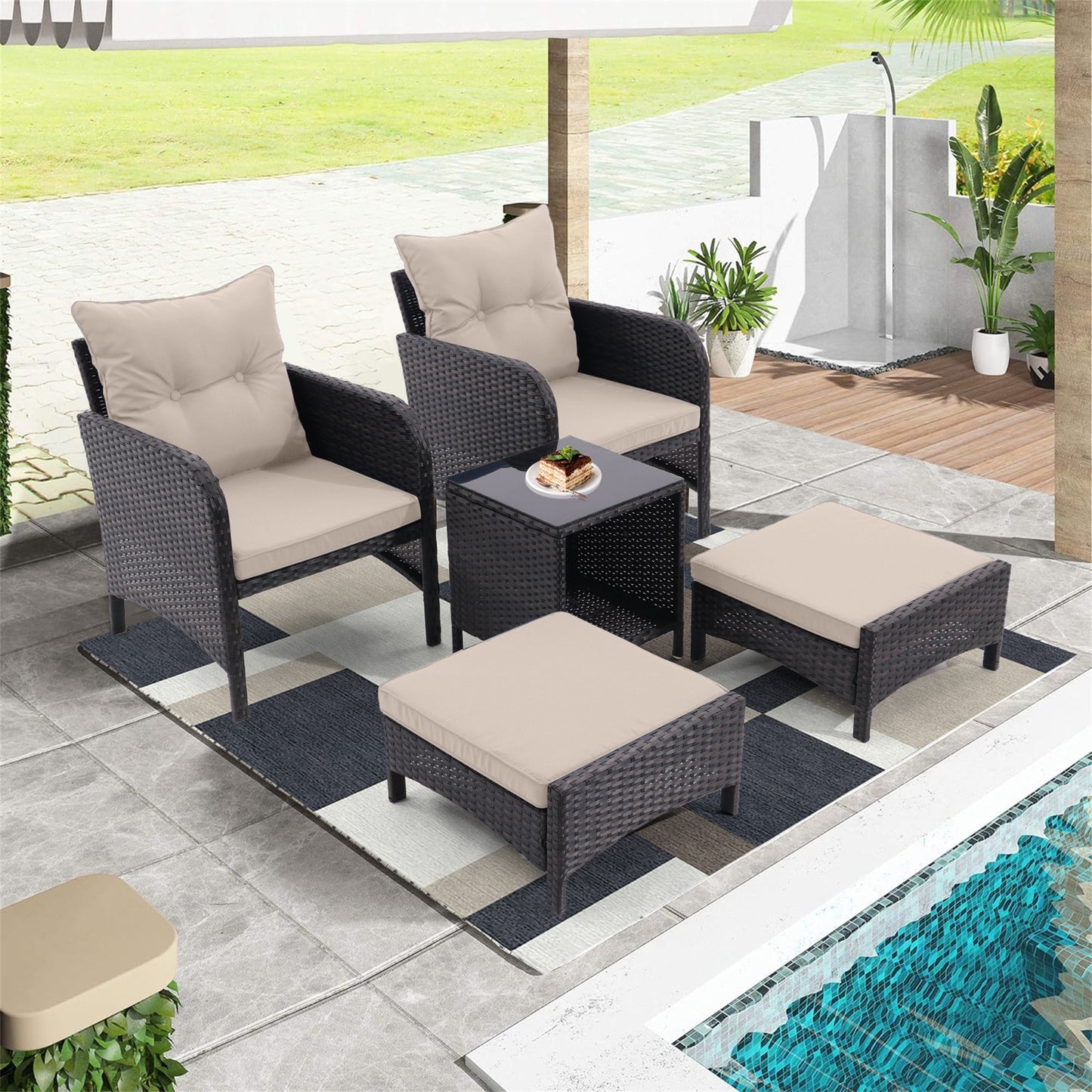Outdoor Patio Furniture Set 5 Piece, Rattan Outside Patio Conversation Furniture Set with Ottomans and Coffee Table, All Weather Patio Dining Bistro Sets with Cushions for Garden Balcony