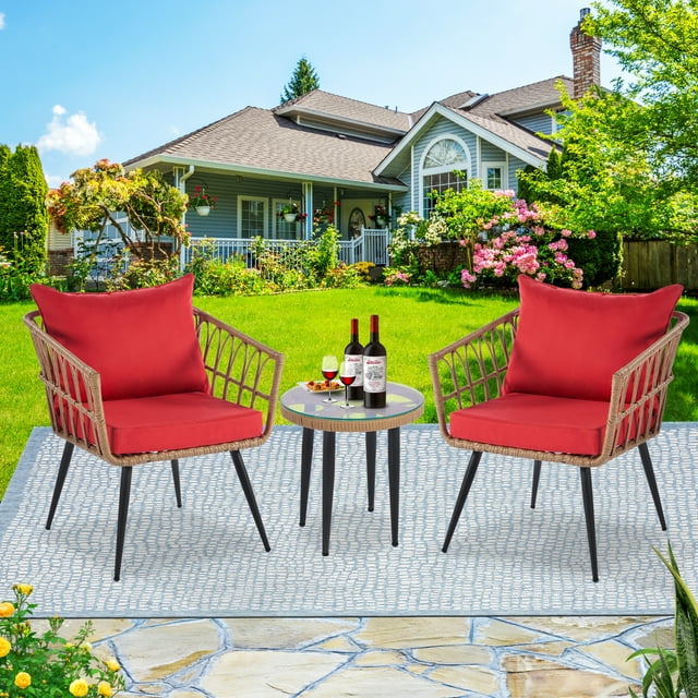 CASEMIOL Patio Furniture Set, Patio Outdoor Rattan Chairs Set, Wicker Patio Conversation Chairs and Coffe Table with 4 Cushions for Porch, Yard, Lawn, Poolside, Balcony, 3Pcs, Yellow