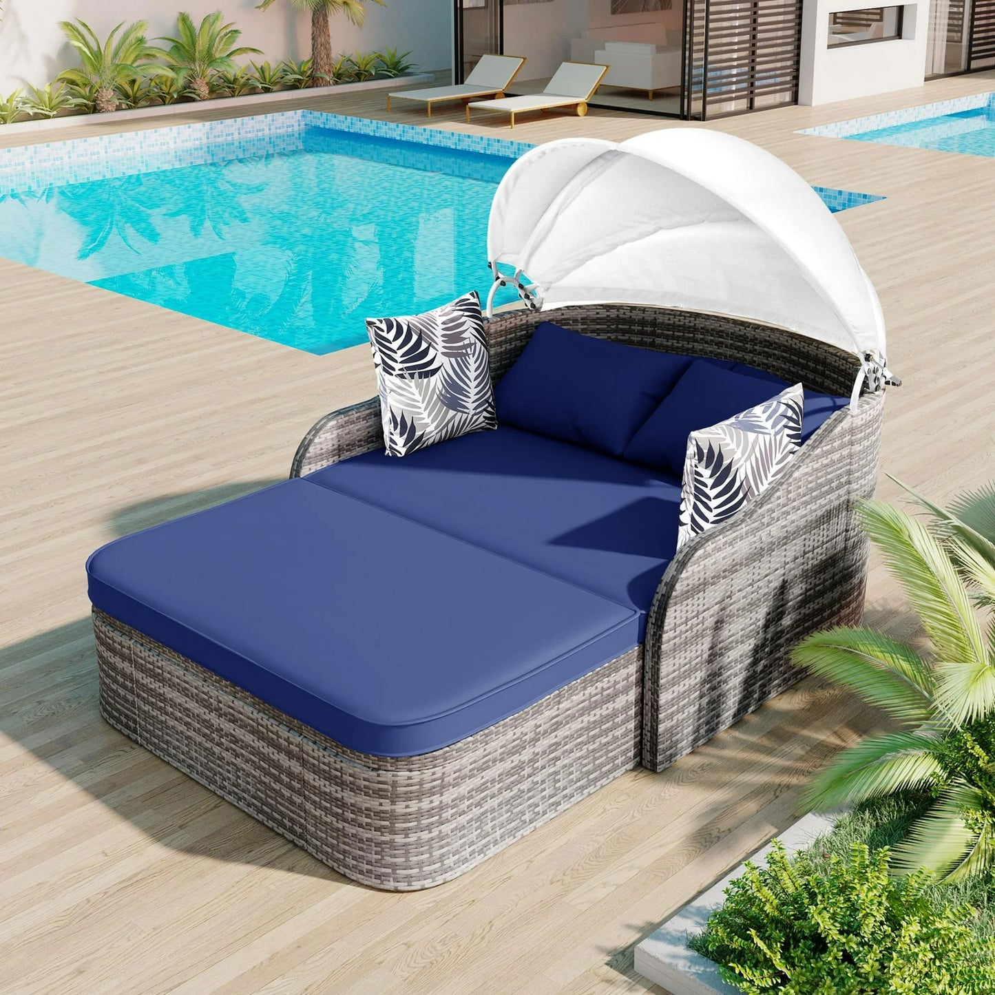 Outdoor Patio Daybed with Retractable Canopy,  Sunbed Rattan Wicker Back Patio Loveseat Sofa Set with Pillows and Cushions, Patio Furniture Set All Weather for Backyard Poolside Garden, Blue