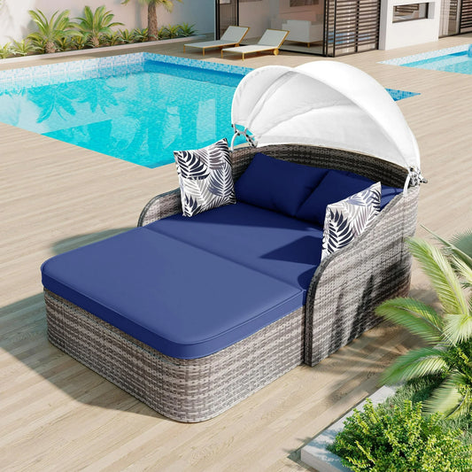 Outdoor Patio Daybed with Retractable Canopy,  Sunbed Rattan Wicker Back Patio Loveseat Sofa Set with Pillows and Cushions, Patio Furniture Set All Weather for Backyard Poolside Garden, Blue