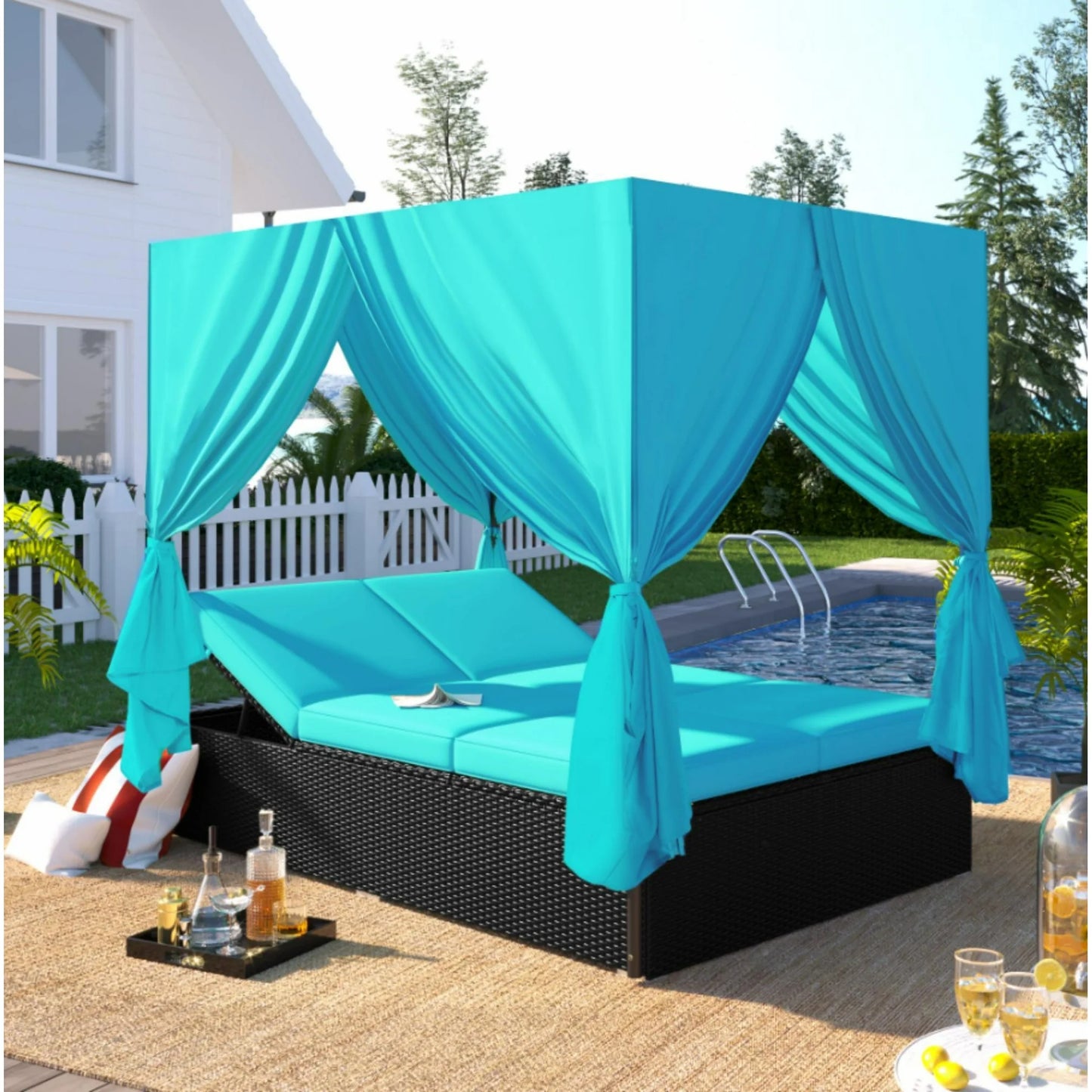 Outdoor Sectional Patio Daybed with Curtains, Sunbed Rattan Wicker Patio Bed with Cushions and Adjustable Seats, Patio Loveseat Sofa Set for Backyard Porch Lawn, Orange
