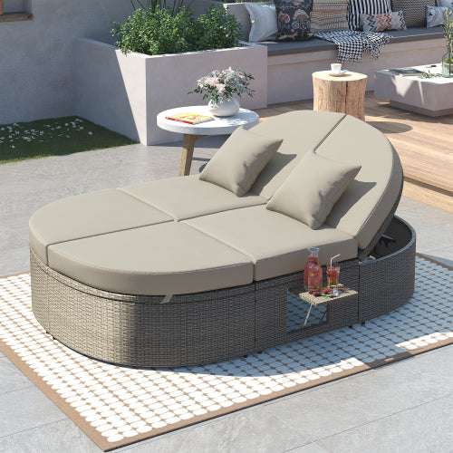 Outdoor Round Patio Daybed, Sunbed Patio bed with Cushions Pillows, Wicker Rattan Patio Sectional Loveseat Sofa Set with Adjustable Backrests and Foldable Cup Trays for Backyard Porch Lawn, Beige