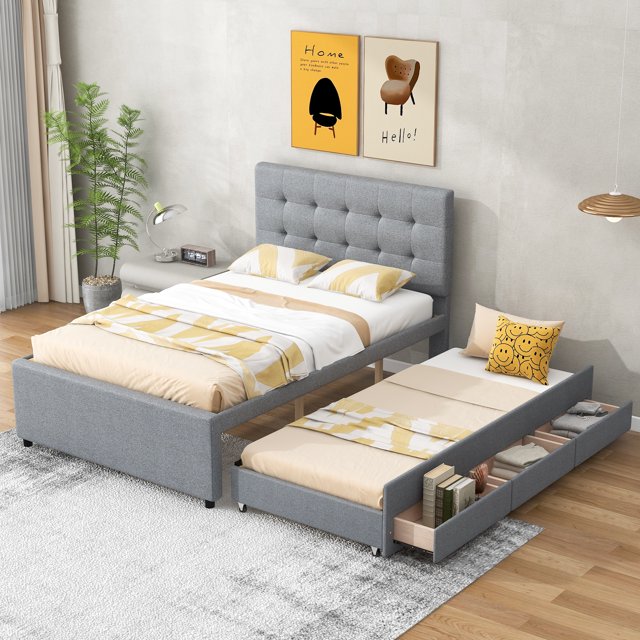 Upholstered Full Size Platform Bed Frame with Pull-Out Twin Size Trundle, 3 Drawers and Headboard, Mattress Foundation with Wooden Slats Support, No Box Spring Needed, Light Grey