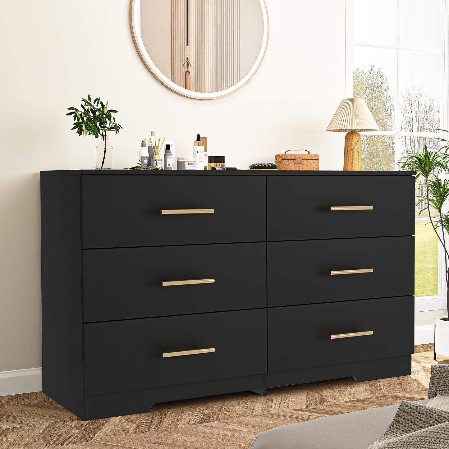 Wood Dresser, 6 Drawer Wide Storage Chest for Bedroom