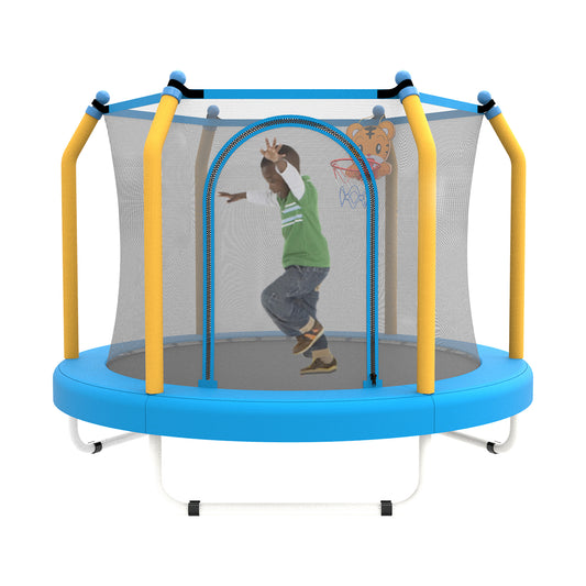 55" Toddler Trampoline with Safety Enclosure Net, Trampoline Indoor & Outdoor, Mini Trampoline for kids 1-8 with Basketball Hoop, Ball and Thick Foam Protection, Birthday Gifts for Boys&Girls