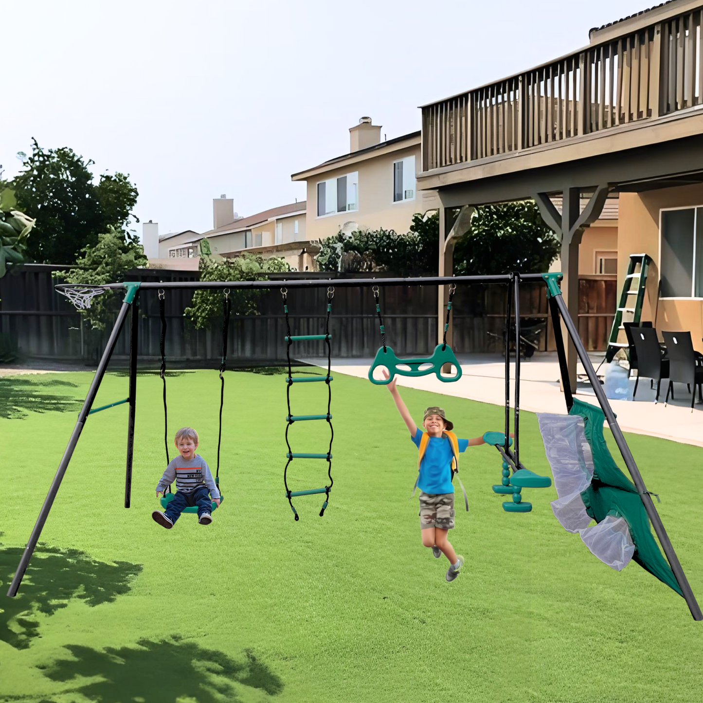 BTMWAY Swing Sets for Backyard, 550lbs Swing Set for 3+ Kids, Outdoor Playset with Basketball Hoop, Soccer net, 1 Wooden Ladder, 1 Tennis Ball Target for Playground, Green