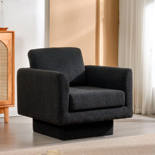 CASEMIOL 360° Swivel Accent Chair, 30" Teddy Sherpa Round Armchair with Thick 6-Inch Cushion, Comfy Upholstered Lounge Barrel Chair for Living Room, Bedroom, Nursery, Reading Club, Black