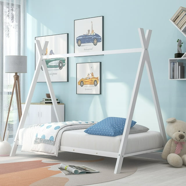 Twin Size House Bed Frame for Kids Toddlers, Twin Platform Bed with 20 Slats for Girls Boys Room, Floor Bed No Box Spring Needed