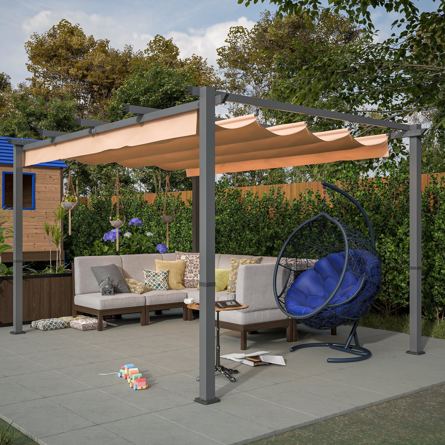 10'x13' Outdoor Gazebo with Retractable Pergola Canopy, Rainproof Backyard Gazebo, Patio Outside Gazebo with Sturdy Construction, Metal Gazebo with Magnet System for Porch Outdoor Party Grill, Khaki
