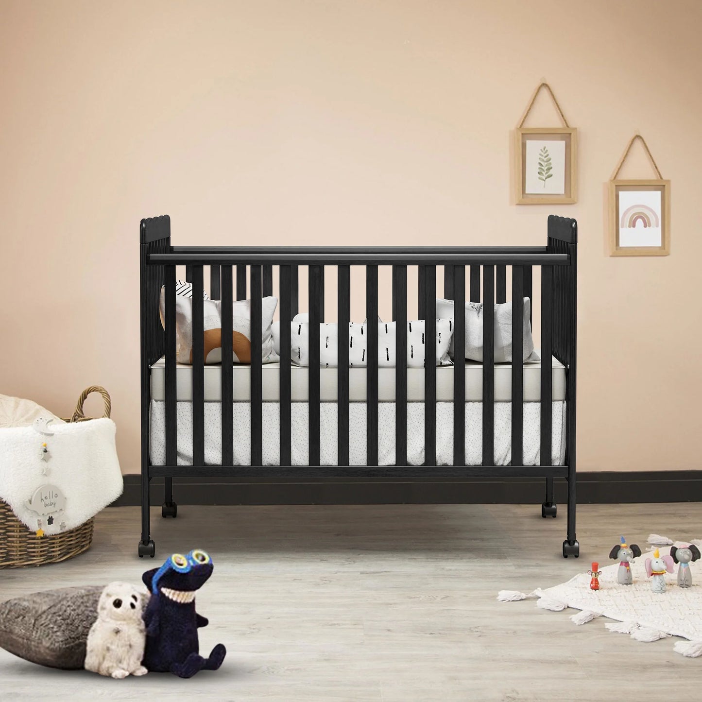 Baby Convertible Crib 3 In 1, Converts from Baby Crib to Toddler Bed, New Zealand Pinewood Baby Bed with Locking Wheels and Teething Rai, Crib with 4 Height Adjustment and Non Toxic Finish, Black
