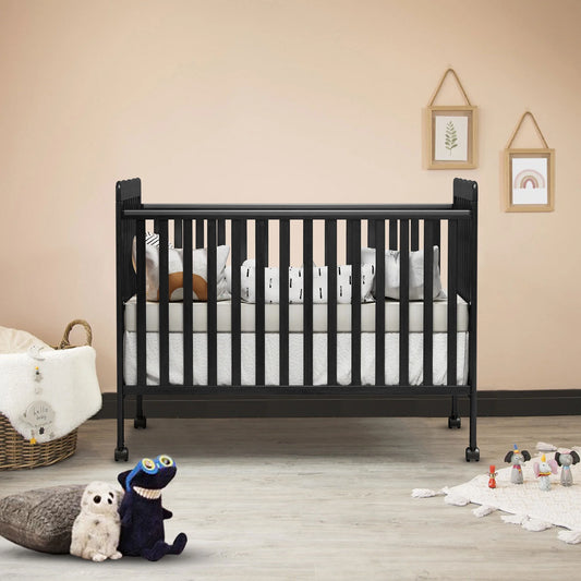 Baby Convertible Crib 3 In 1, Converts from Baby Crib to Toddler Bed, New Zealand Pinewood Baby Bed with Locking Wheels and Teething Rai, Crib with 4 Height Adjustment and Non Toxic Finish, Black