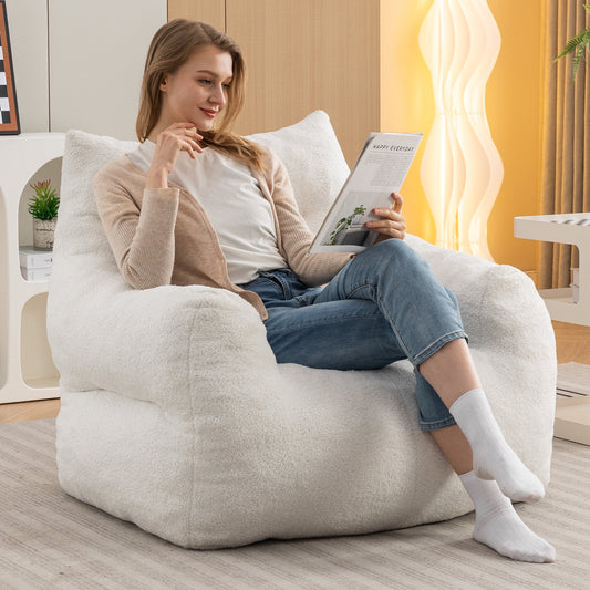 Bean Bag Chair with Tufted Back, Teddy Fabric Adult Bean Bags with Armrests, Soft Filled Bean Bag Sofa Chair with Memory Foam, Lazy Sofa Chair for Adults to Game, Read, Watch TV