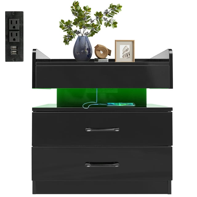 Nightstand with Charging Station LED Lights, Modern Small Bedside Table With Drawers, High Gloss End Table With USB Ports/Power Outlet for Bedroom Living Room