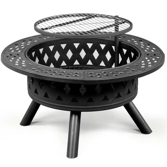 CASEMIOL 38" Tabletob Firepit for Outside Wood Burning,Outdoor Fire Pits with Height Adjustable Grill,Lid,Poker, Camping Firepit & Round Metal Table 3 in 1 for Patio, Backyard,Picnic, Party,Garden