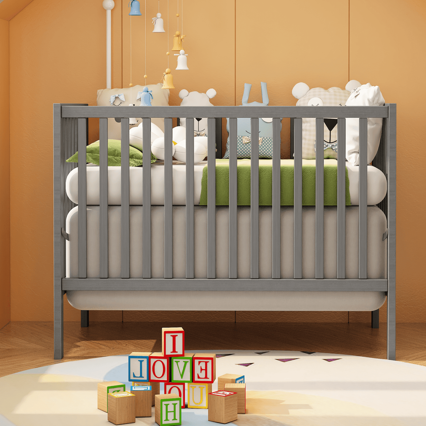 CASEMIOL 5-In-1 Convertible Crib, New Zealand Pinewood Baby Bed,Baby Crib With 3 Height Adjustment, Non-Toxic Finish, Easy to Assemble