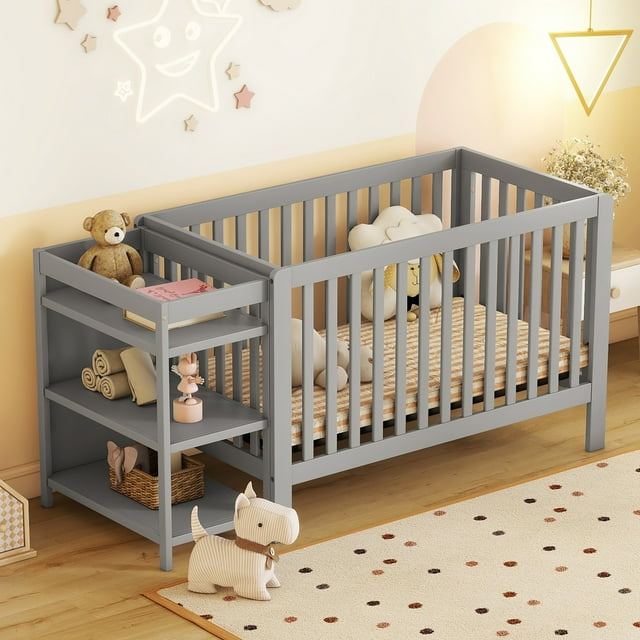 CASEMIOL 7 in 1 Convertible Crib with Changing Table, Baby Cribs with Adjustable Mattress Height, Can Be Converted to Toddler Bed with Toddler Guardrail, Conversion Rail, Solid Wood, Full, Natural