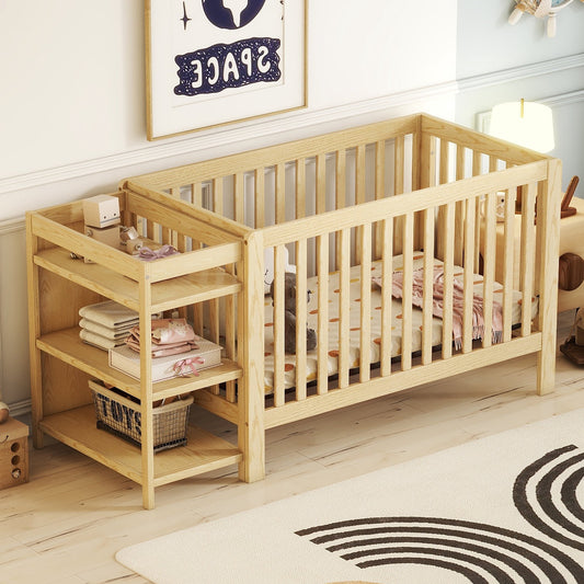 CASEMIOL 7 in 1 Convertible Crib with Changing Table, Baby Cribs with Adjustable Mattress Height, Can Be Converted to Toddler Bed with Toddler Guardrail, Conversion Rail, Solid Wood, Full, Natural