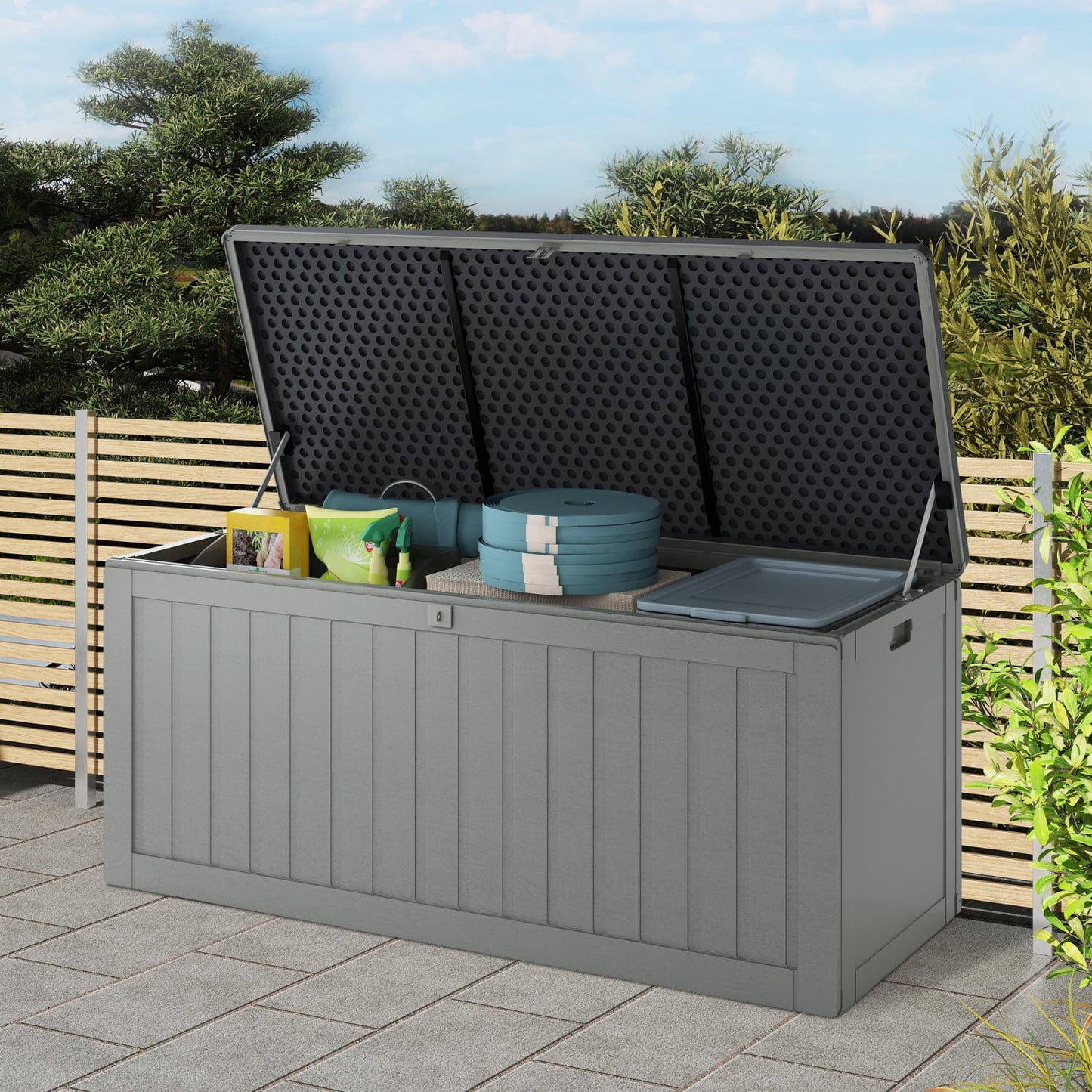75 Gal Deck Box for Outside, CASEMIOL Patio Large Storage Cabinet, All-weather Patio Storage for Furniture Cushions, Garden Tools, Kids' Toys, Waterproof Storage Shed, Gray