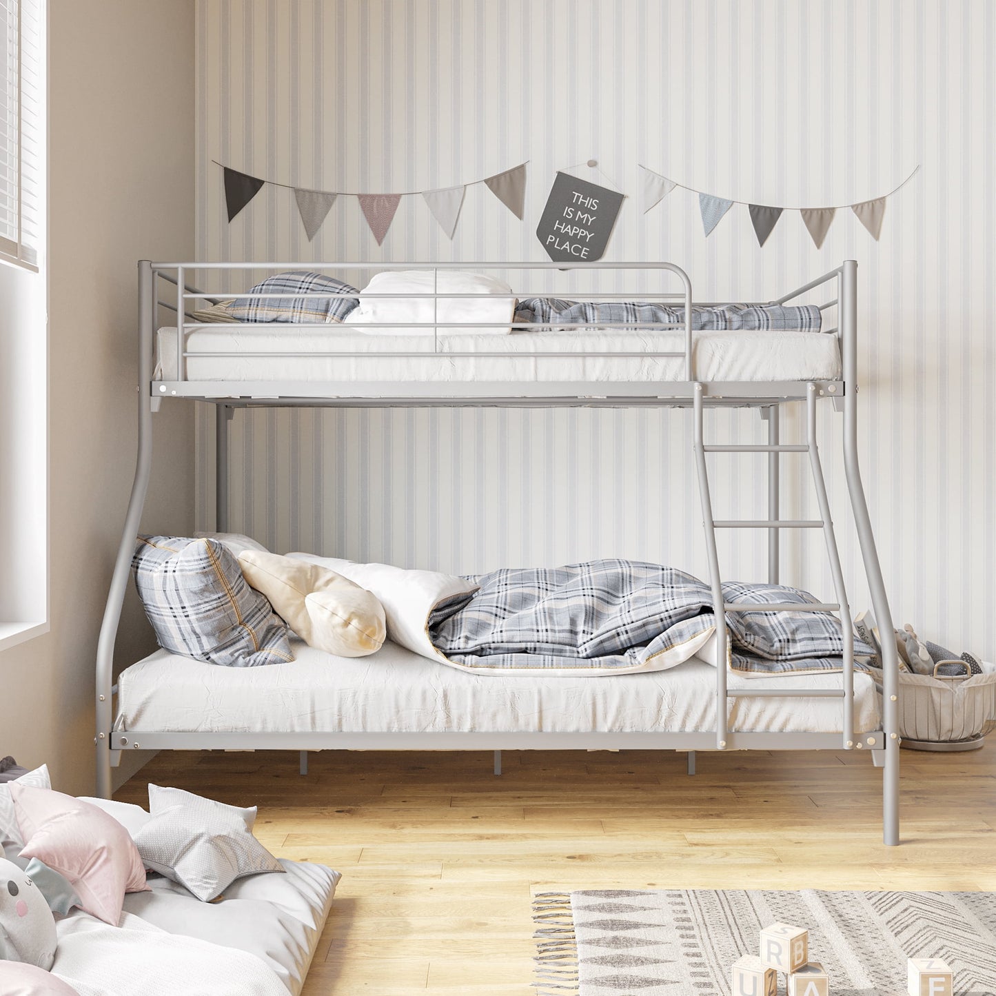 CASEMIOL Bunk Beds Twin Over Full Size, Loft Bed Full Size with 8.86" High Guardrail, Twin Bunk Beds with Ladder, Kids Beds with Storage Space for 3 Girls Boys Teens Bedroom Apartment