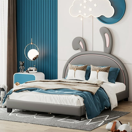 CASEMIOL Full Bed Frames with Headboard for Kids Girls Boys, Kids Platform Bed Frame with Rabbit Shape, No Noise, No Spring Box Needed, Easy Assembly,Upholstered Leather + Wood