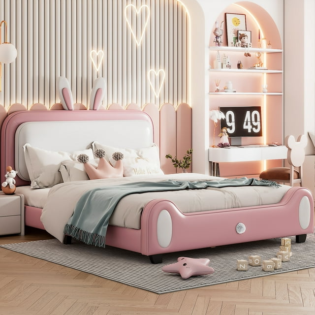 CASEMIOL Full Bed Frames with Headboard for Kids Girls Boys, Kids Platform Bed Frame with Princess Shape, No Noise, No Spring Box Needed, Easy Assembly,Upholstered Leather + Wood
