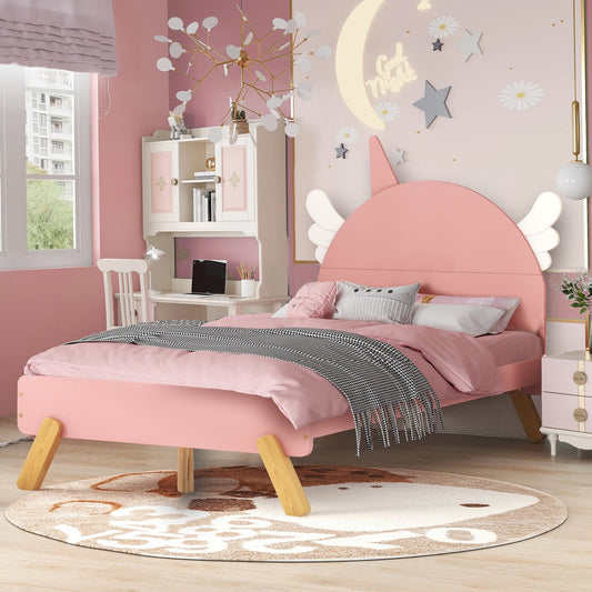 CASEMIOL Full Bed Frames with Headboard for Kids Girls Boys, Solid Wood Platform Bed Frame with Unique Shape, No Noise, No Spring Box Needed, Easy Assembly, Pink