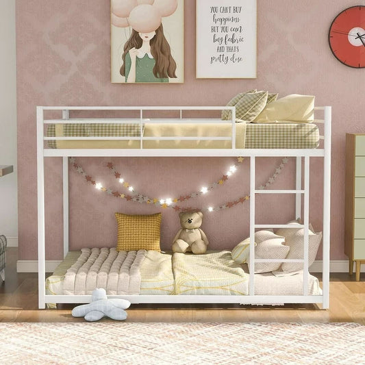 CASEMIOL Full over Full Low Bunk Bed for Kids, Heavy Duty Metal Low Bunk Bed Frame with Safety Guardrail and Ladder for Teens Adults Bedroom Furniture, Noise Free, No Box Spring Needed