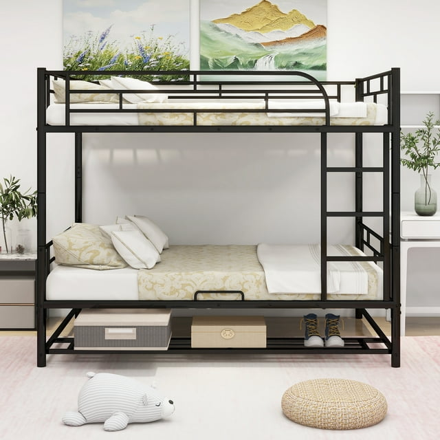CASEMIOL Full Over Full Metal Bunk Bed with Shelf and Guardrails for Kids Teens Adult, Can Be Converted To 2 Beds