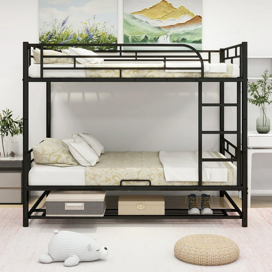 CASEMIOL Full Over Full Metal Bunk Bed with Shelf and Guardrails for Kids Teens Adult, Can Be Converted To 2 Beds