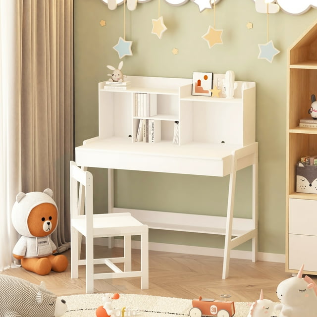 CASEMIOL Kids Desk with Chair, Study Desk and Chair Set with 3 Adjustment Heights, Kids Writing Table with Large Storage Space, Computer Desk with Cord Holes for Kids Boys Girls Small Space