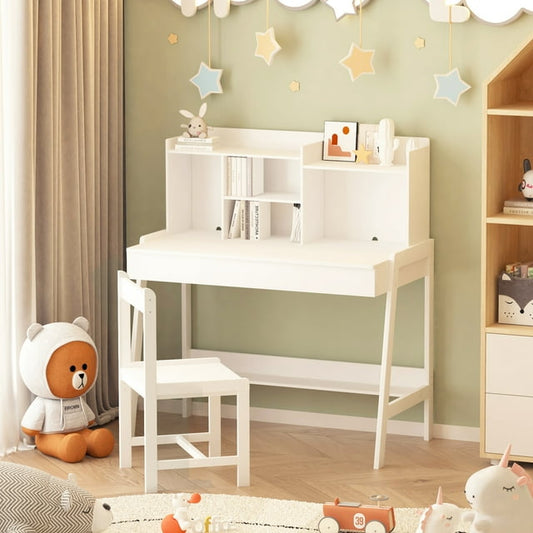 CASEMIOL Kids Desk with Chair, Study Desk and Chair Set with 3 Adjustment Heights, Kids Writing Table with Large Storage Space, Computer Desk with Cord Holes for Kids Boys Girls Small Space