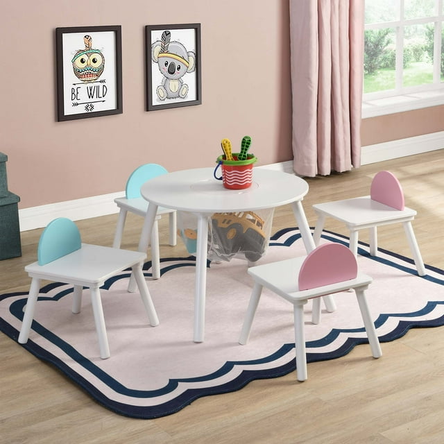 CASEMIOL Kids Table and Chairs Set, Kids Desk and Chair Set with 4 Chairs and 1 Round Storage Table for Boys Girls Kids 3-5, Colorful Chairs for Kids Play Room Dining Room Living Room, 5 PCS, White