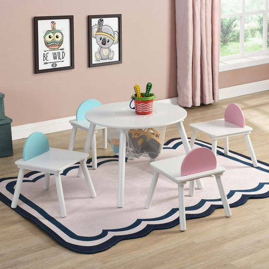 CASEMIOL Kids Table and Chairs Set, Kids Desk and Chair Set with 4 Chairs and 1 Round Storage Table for Boys Girls Kids 3-5, Colorful Chairs for Kids Play Room Dining Room Living Room, 5 PCS, White