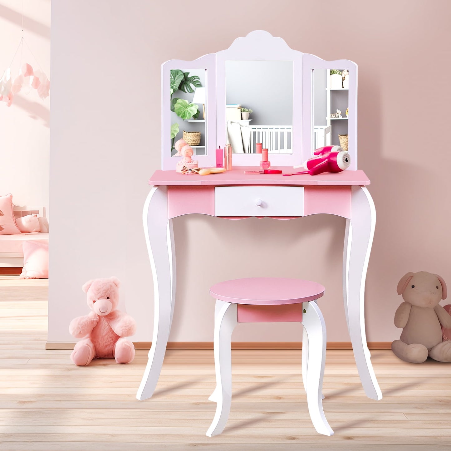 CASEMIOL Kids Vanity Set with Mirror and Stool, 2 in 1 Princess Makeup Desk Dressing Table with Detachable Top, Toddler Vanity with Storage Drawer, Small Pretend Play Vanity for Little Girls, Pink