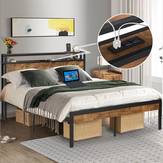 CASEMIOL King Bed Frame with Storage Headboard, Charging Station, USB Ports Outlets, King Platform Bed Frame Wood for Adult Teen Bedroom Furniture, No Box Spring Need, No Noise, Easy Assembly, Brown