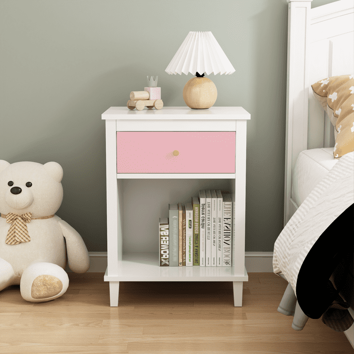 CASEMIOL Night Stand with a Drawer and an Open Cabinet for Kids, Modern Bed Side Table Nightstand for Girls Boys Bedroom, Kids End Table for Living Room, Easy to Clean, MDF + Solid Wood, Pink