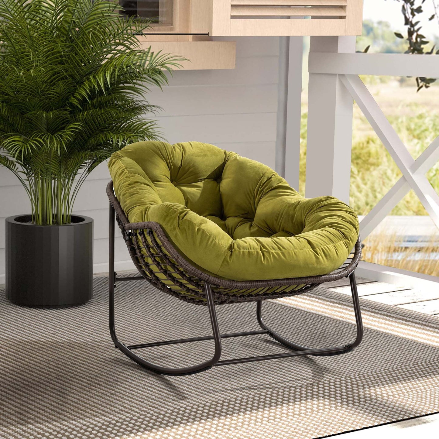 CASEMIOL Patio Outdoor Rocking Chair with Padded Cushion, Patio Oversized Wicker Rattan Egg Rocking Recliner Chair, Cushioned Rocking Chair for Porch Lawn Poolside Balcony, Yard Garden Bistro
