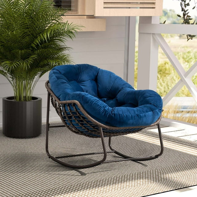 CASEMIOL Patio Outdoor Rocking Chair with Padded Cushion, Patio Oversized Wicker Rattan Egg Rocking Recliner Chair, Cushioned Rocking Chair for Porch Lawn Poolside Balcony, Yard Garden Bistro