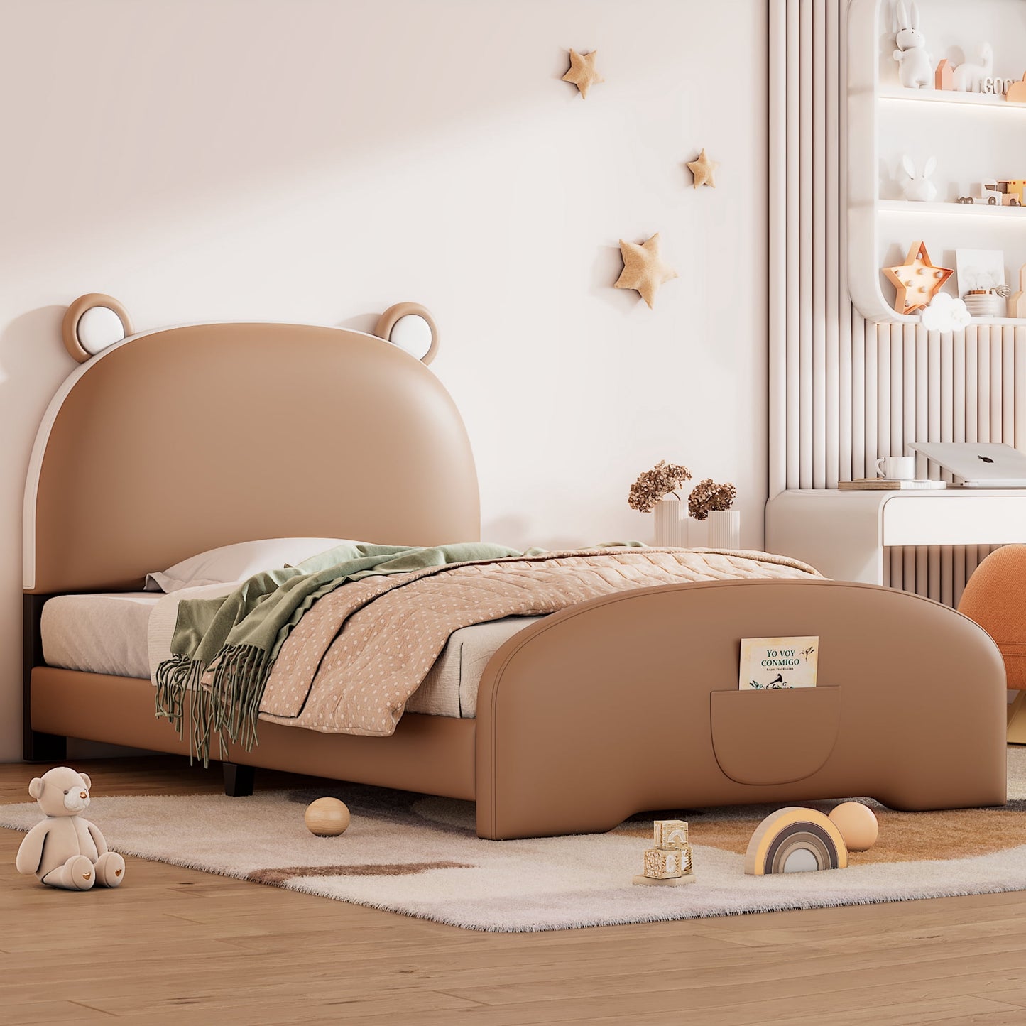 CASEMIOL Twin Bed Frames with Headboard for Kids Girls Boys, Kids Platform Bed Frame with Bear Shape, No Noise, No Spring Box Needed, Easy Assembly,Upholstered Leather + Wood