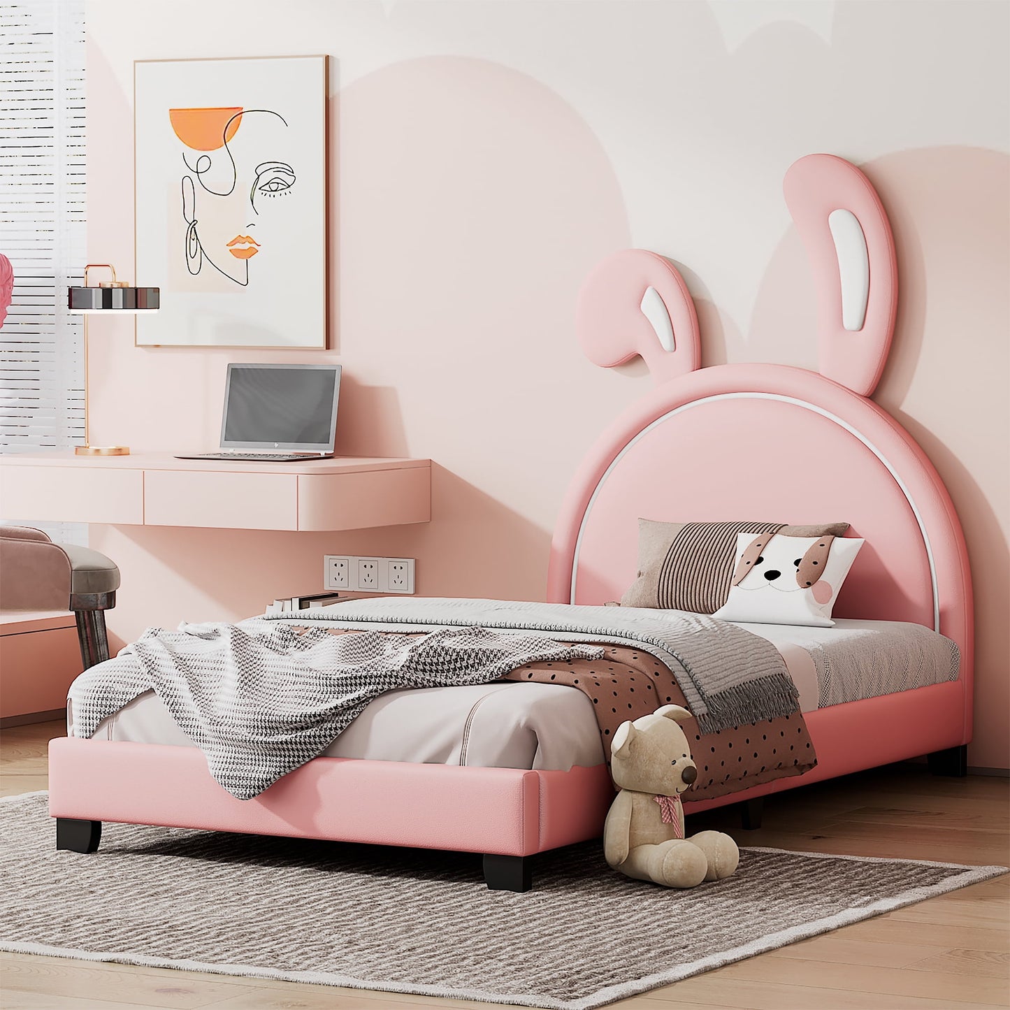 CASEMIOL Full Bed Frames with Headboard for Kids Girls Boys, Kids Platform Bed Frame with Rabbit Shape, No Noise, No Spring Box Needed, Easy Assembly,Upholstered Leather + Wood